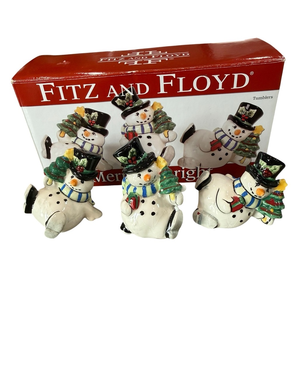 Fitz and Floyd Merry & Bright 3 Tumbling Ceramic Colorful Snowmen 2011  Jolly